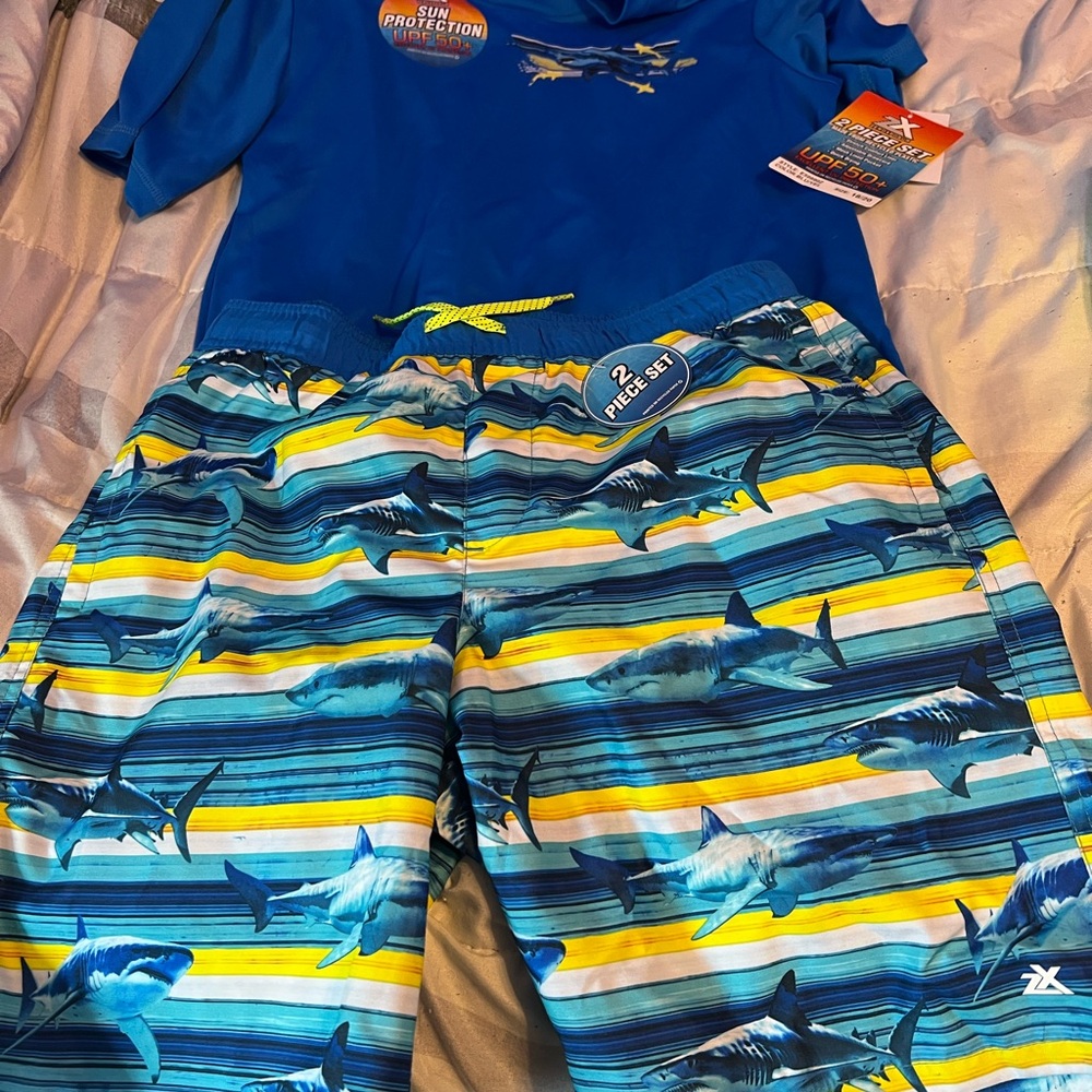 ZeroXposur Boys Blue Yellow Shark Stripe Rashguard Swim Set